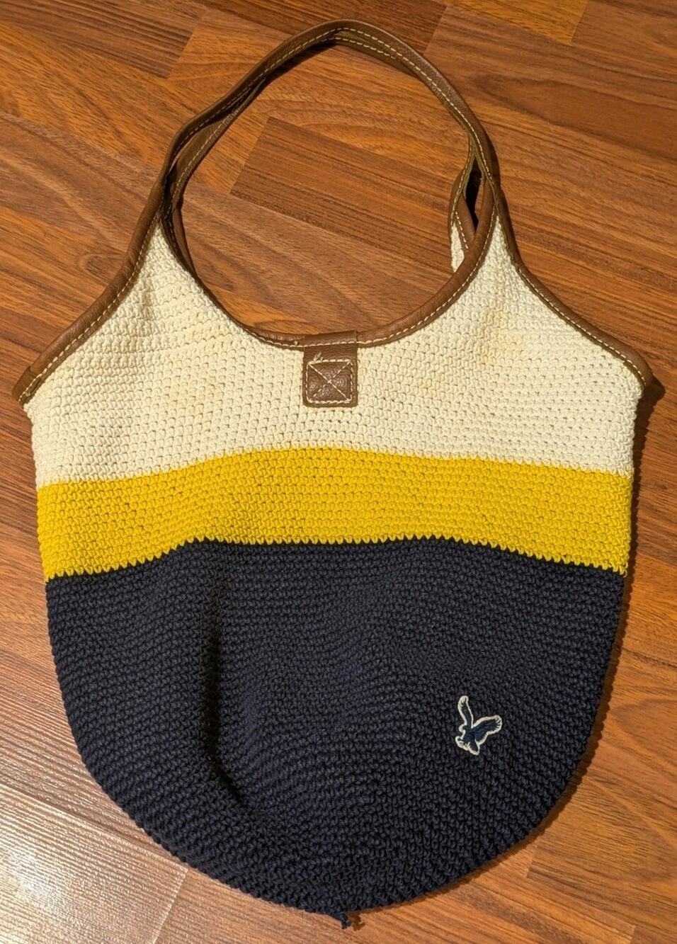 Vintage Y2K American Eagle Outfitters Crochet Tote Bag Navy Yellow Cream AE